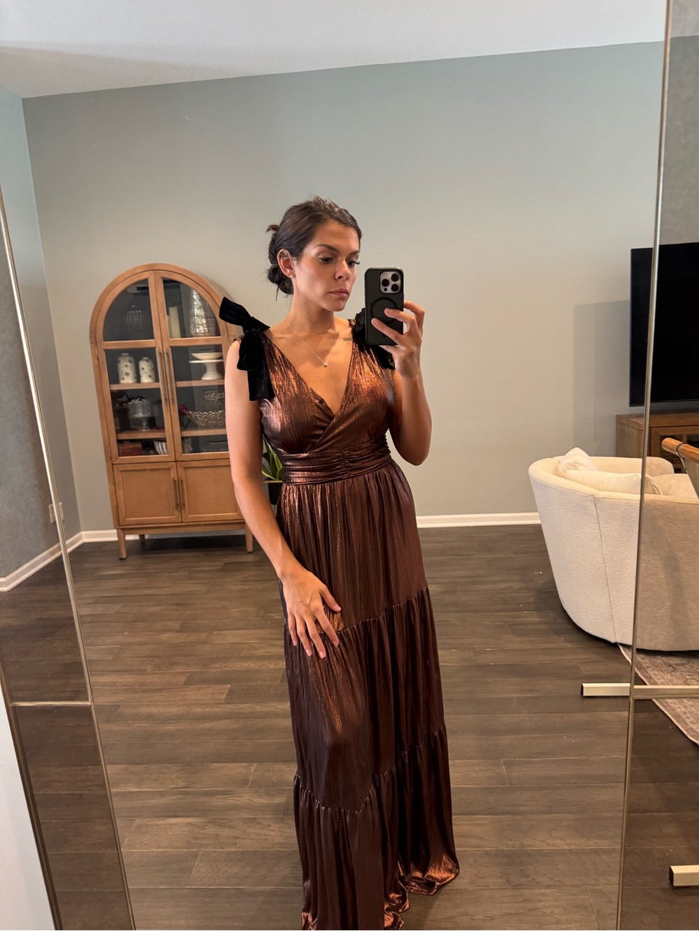 Sugarlips Metallic Bronze V-Neck Maxi Dress with Black Tie Straps